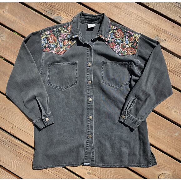 VTG Jordache Black Wash Denim Womens Shirt Med Tapestry Floral Cottagecore 90s - Picture 1 of 8